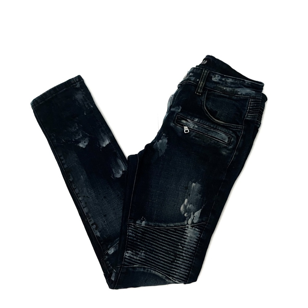 Embellish Men’s Streetwear Paint Destructed Skinny Moto Style Biker Jeans